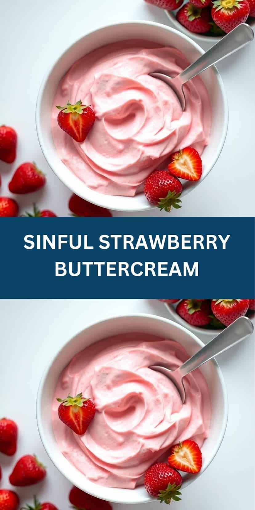 Creamy pink strawberry buttercream in white bowl garnished with fresh strawberries and metal spoon.