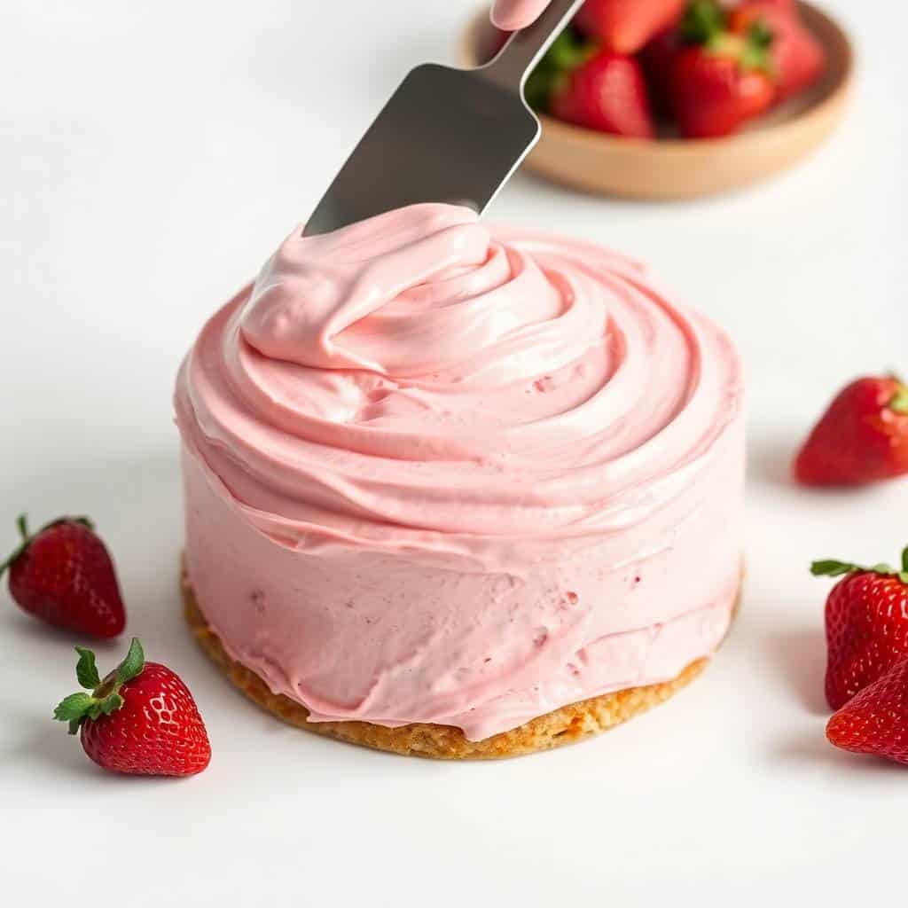 Strawberry buttercream cake with pink frosting being spread with a spatula, surrounded by fresh strawberries.