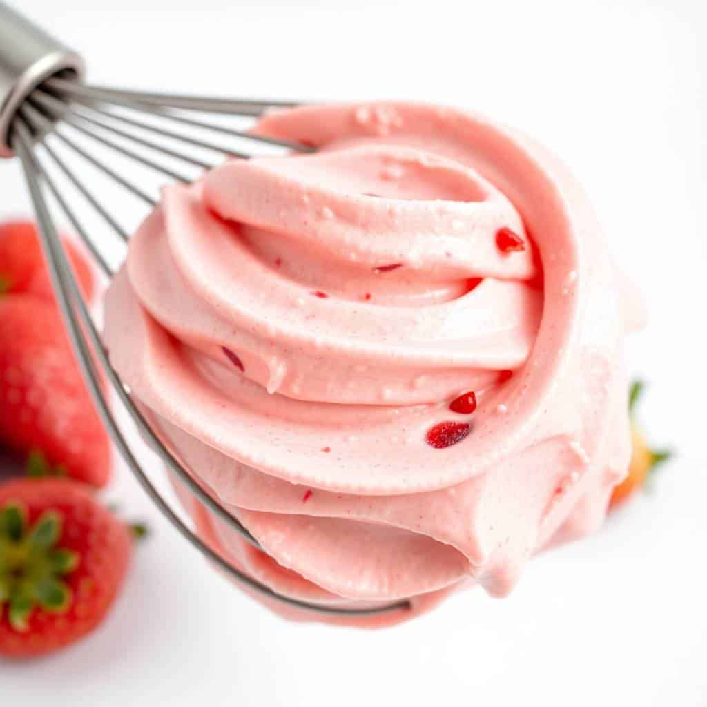 Strawberry buttercream frosting swirled on whisk with fresh strawberries beside.