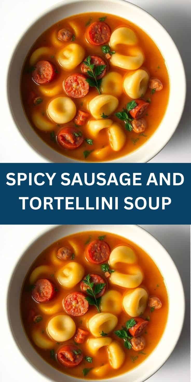 Two bowls of spicy sausage and tortellini soup with golden pasta, red sausage slices, and fresh parsley garnish in rich br...