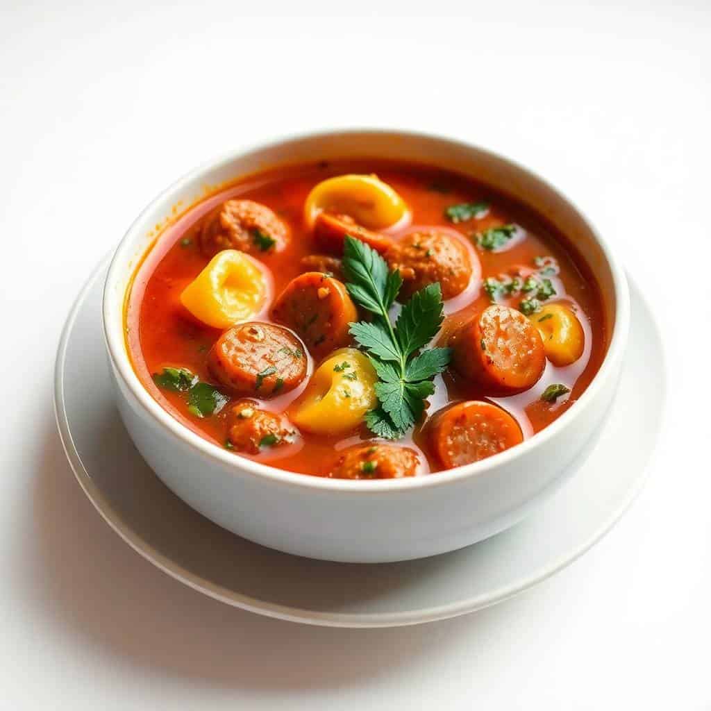 Spicy sausage and tortellini soup in white bowl, garnished with fresh parsley and served in red broth.