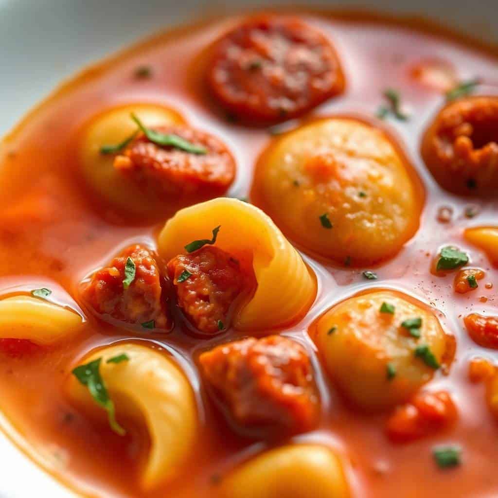 Spicy sausage and tortellini soup with yellow pasta, red broth, and fresh chive garnish in a bowl.