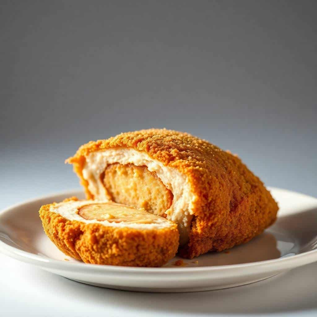Sliced stuffed breaded chicken with golden-brown coating on white plate against gray background.