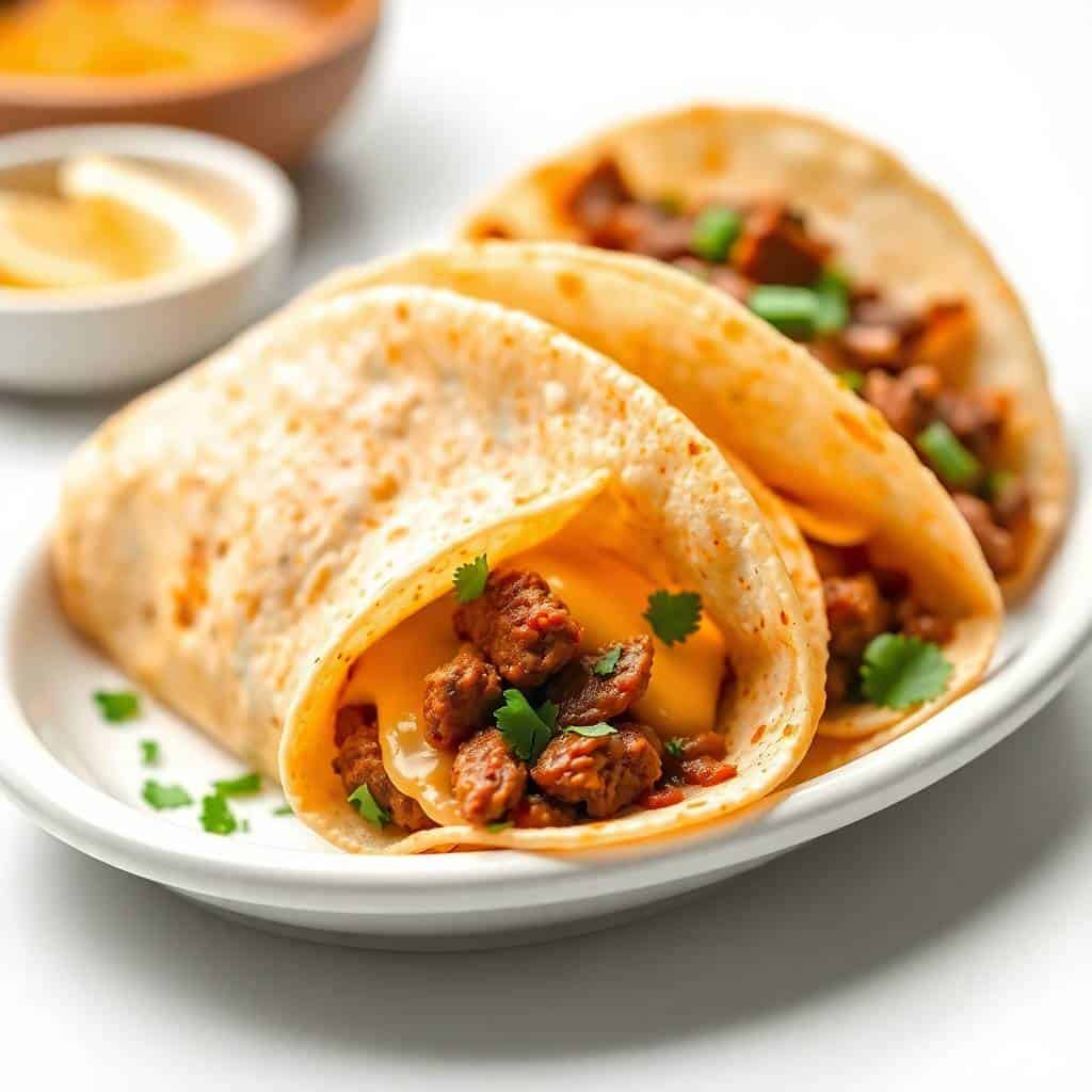 Two birria tacos topped with melted cheese, meat, and cilantro on a white plate with dipping sauce.