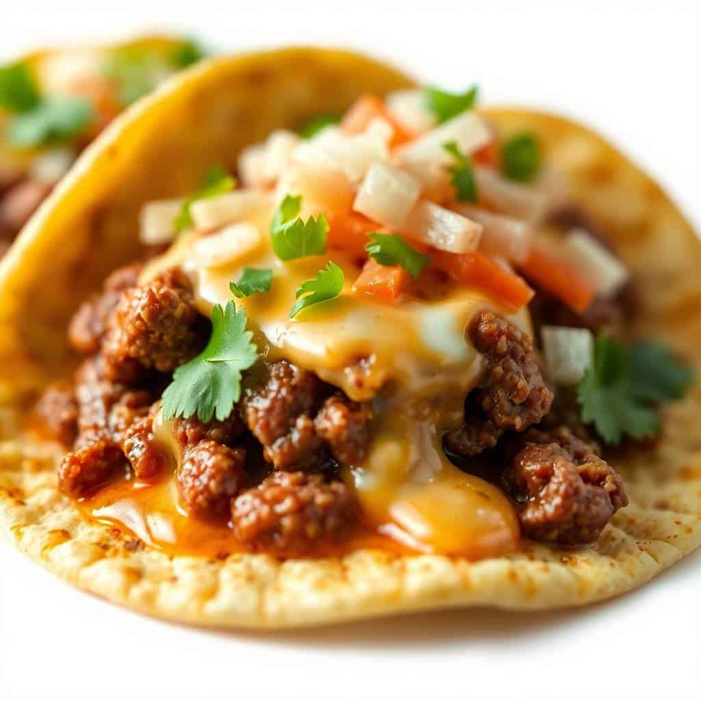 Birria tacos with seasoned ground beef, melted cheese, diced onion, and cilantro on warm tortillas.