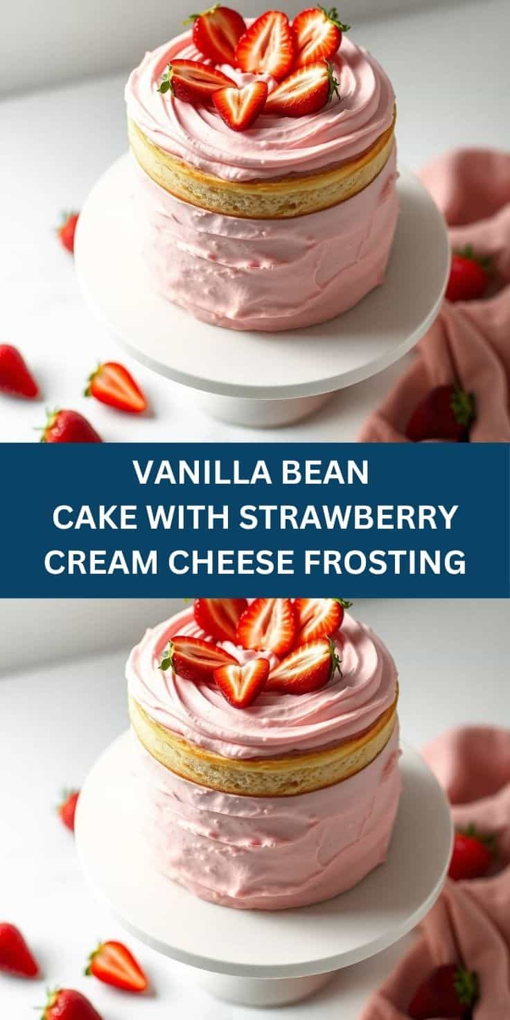 Vanilla bean cake with pink strawberry cream cheese frosting topped with fresh strawberry slices on white plate.