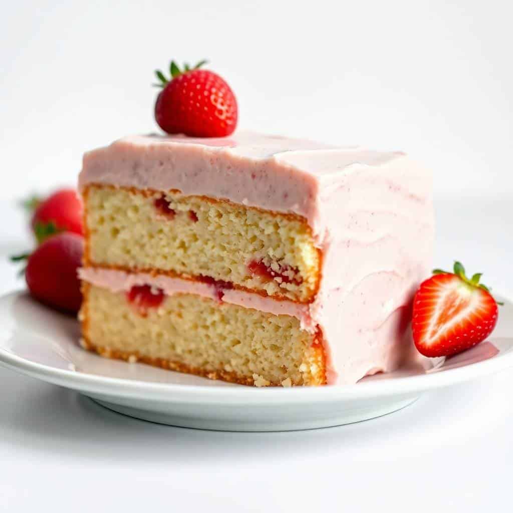 Slice of vanilla bean cake with strawberry cream cheese frosting, garnished with fresh strawberries on white plate.