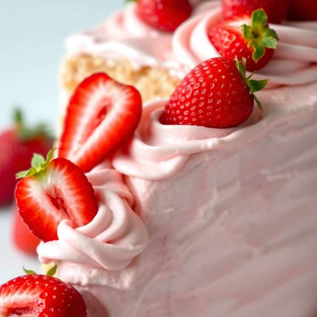 Vanilla bean cake with strawberry cream cheese frosting topped with fresh strawberry slices and whipped topping.