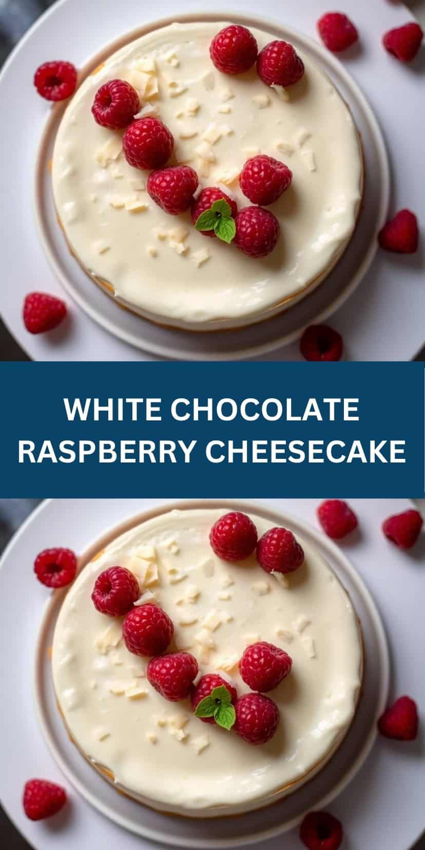 White chocolate raspberry cheesecake on white plate, garnished with fresh raspberries and white chocolate shavings.