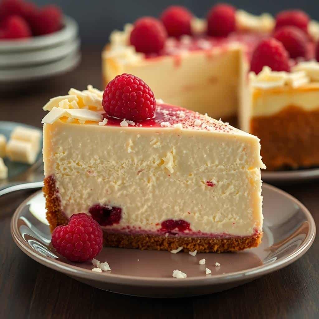 Slice of white chocolate raspberry cheesecake on plate, topped with fresh raspberries and almond shreds.