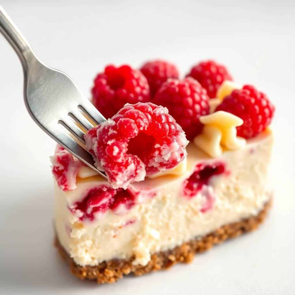 Fork lifting a slice of white chocolate raspberry cheesecake with fresh red raspberries and graham cracker crust.