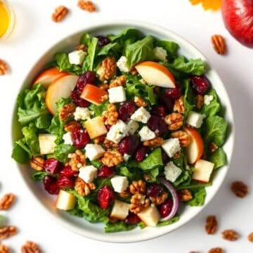 Fresh autumn chopped salad with apples, cranberries, walnuts, and feta cheese. Perfect for seasonal.