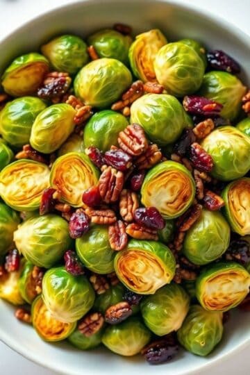 Roasted Brussels sprouts with cranberries and pecans in a white bowl.