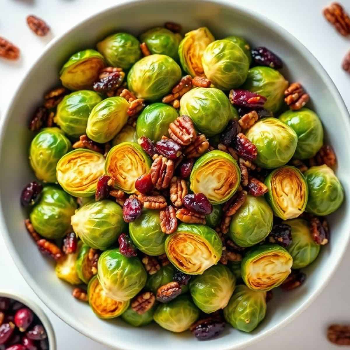 Roasted Brussels sprouts with cranberries and pecans in a white bowl.