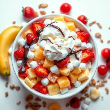 Delicious banana split fluff salad with strawberries, pineapple, whipped cream, and chocolate drizzl.