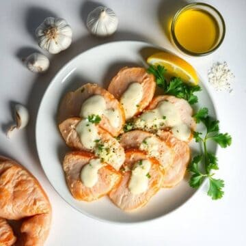 Delicious Caesar chicken slices topped with creamy sauce, garnished with lemon and herbs. Perfect fo.