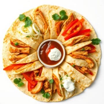 Colorful quesadilla ring with chicken, vegetables, and fresh herbs. Perfect appetizer or snack for a.