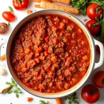 Classic homemade Bolognese sauce with ground meat and vegetables in a white pot.