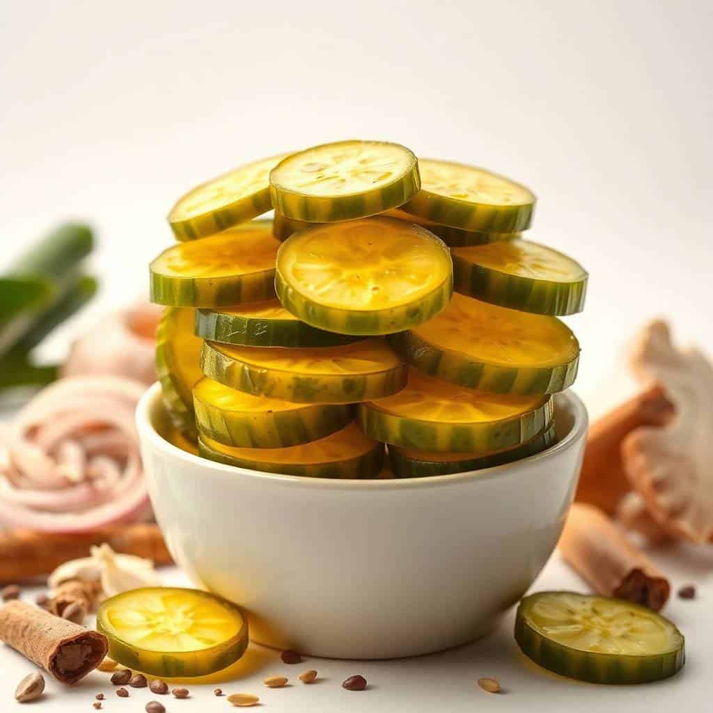 Freshly sliced bread and butter pickles in a white bowl for recipe.