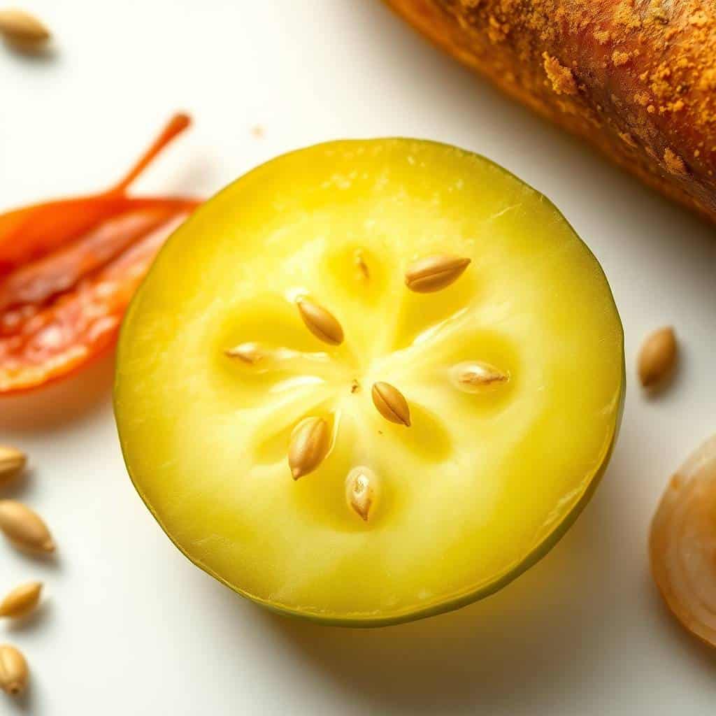 Fresh yellow tomato used in bread and butter pickles for a tangy flavor.