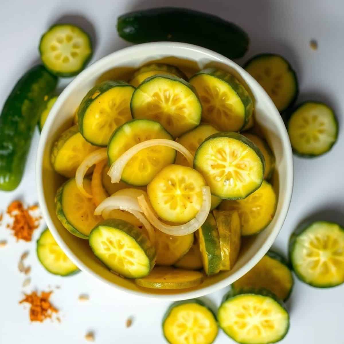 Fresh homemade bread and butter pickles in a bowl with sliced cucumbers and onions.