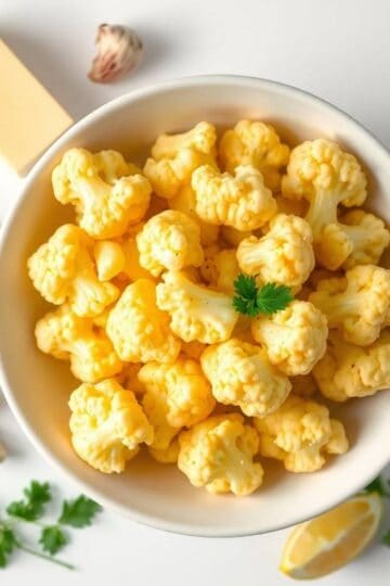 Bowl of cooked butter cauliflower florets with lemon, garlic, and herbs on a white background.