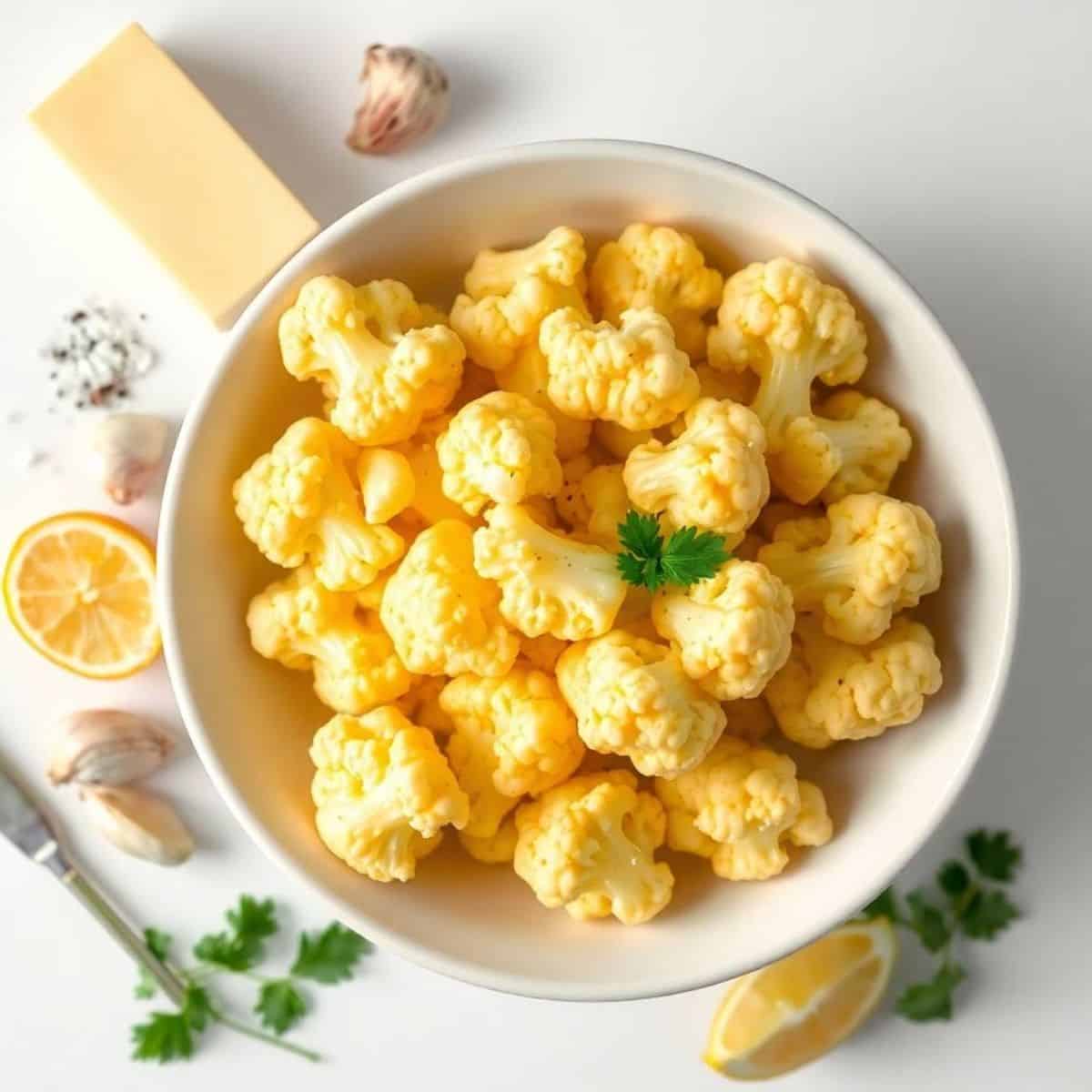 Bowl of cooked butter cauliflower florets with lemon, garlic, and herbs on a white background.