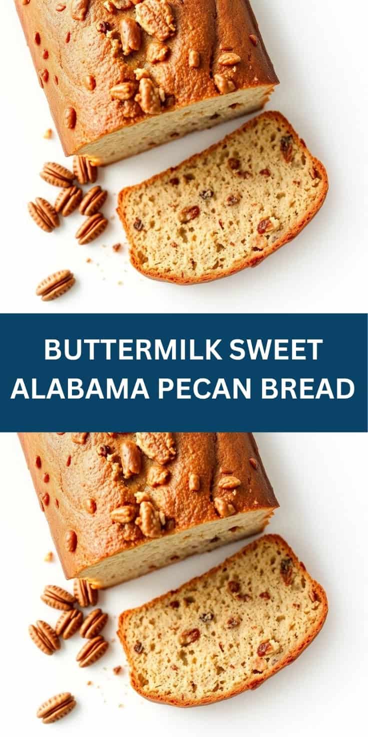 Buttermilk sweet Alabama pecan bread loaf with sliced piece and whole pecans on white background.