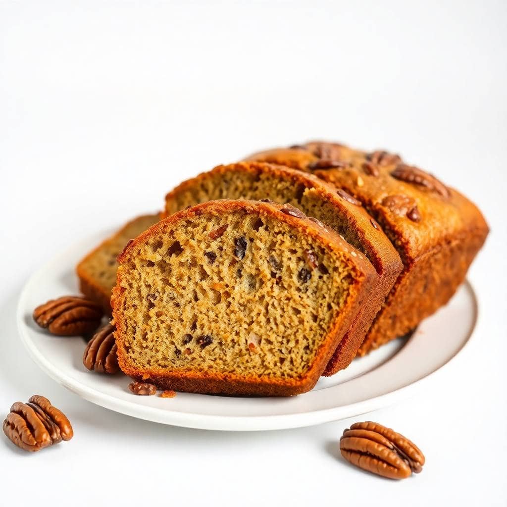 Sliced buttermilk pecan bread on white plate with pecans scattered nearby, golden-brown crumb visible.