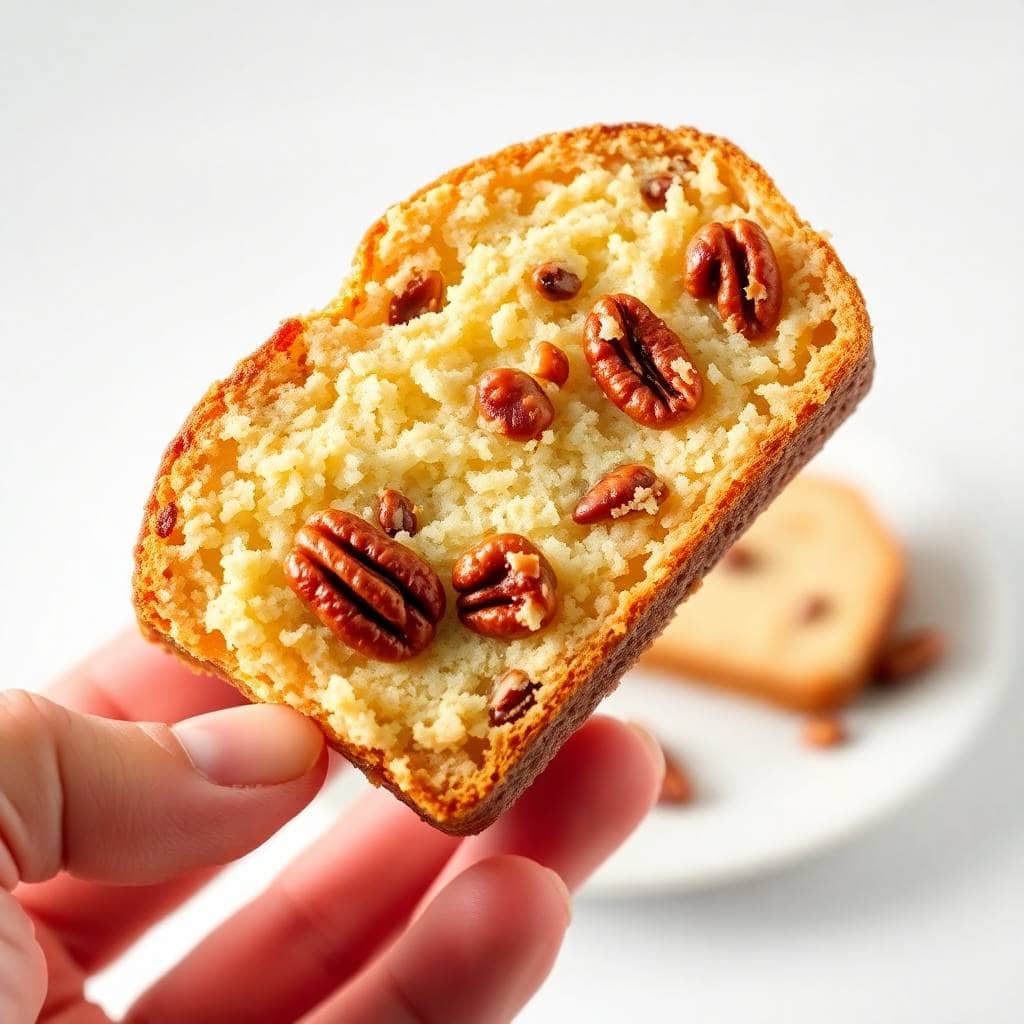 Slice of buttermilk pecan bread held in hand, golden crumb with pecan halves embedded throughout.