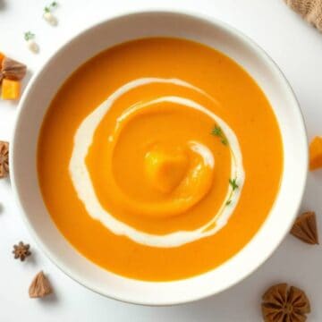 Creamy butternut squash soup garnished with a swirl of cream and herbs.