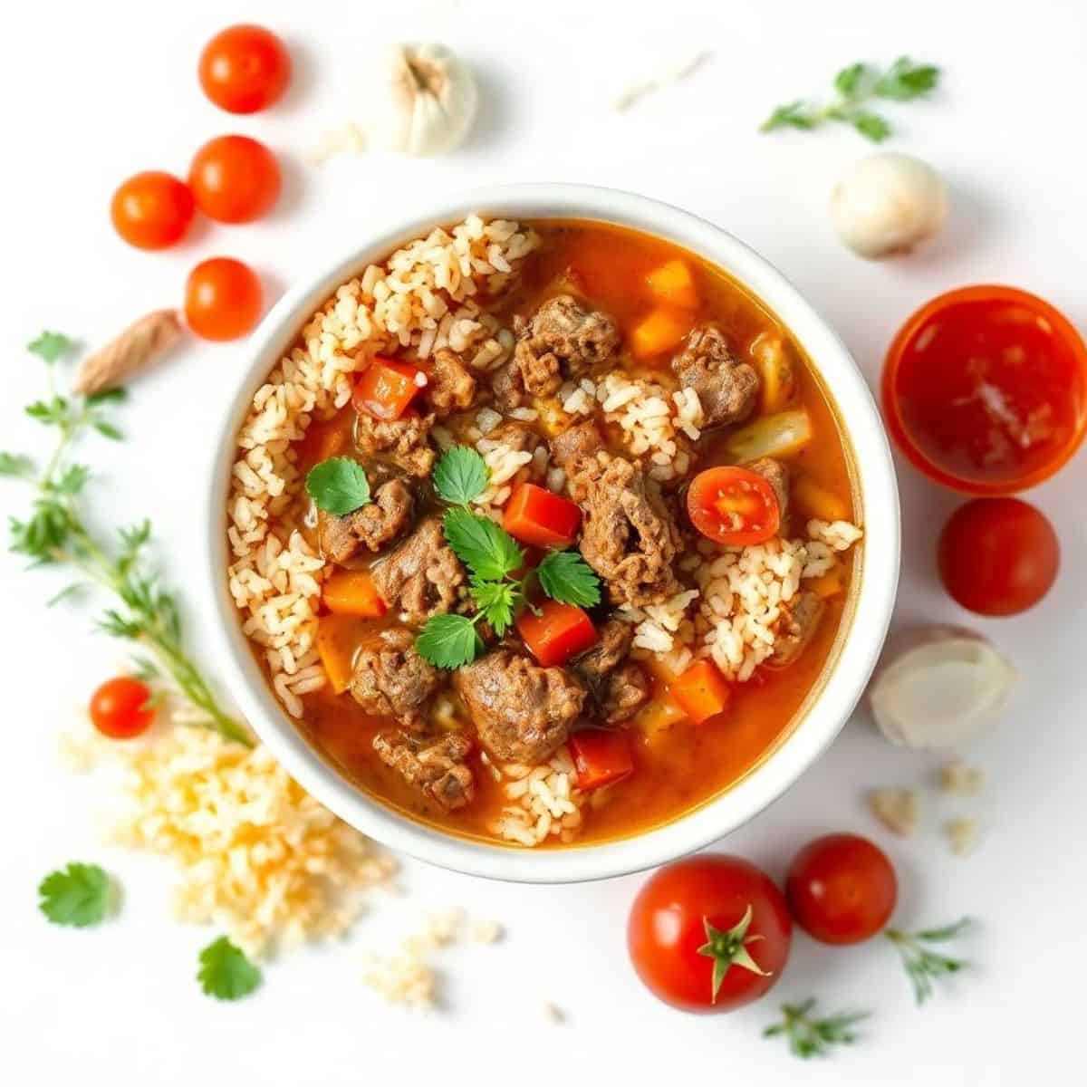 Healthy cabbage roll soup with ground beef and vegetables.