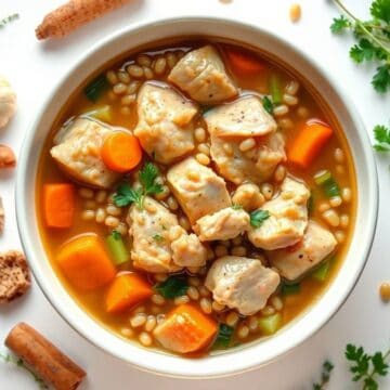 Hearty chicken and barley stew with vegetables in a white bowl.