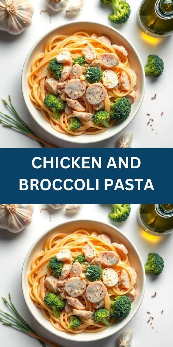 Chicken and broccoli pasta served in white bowl with garlic and olive oil on white surface.