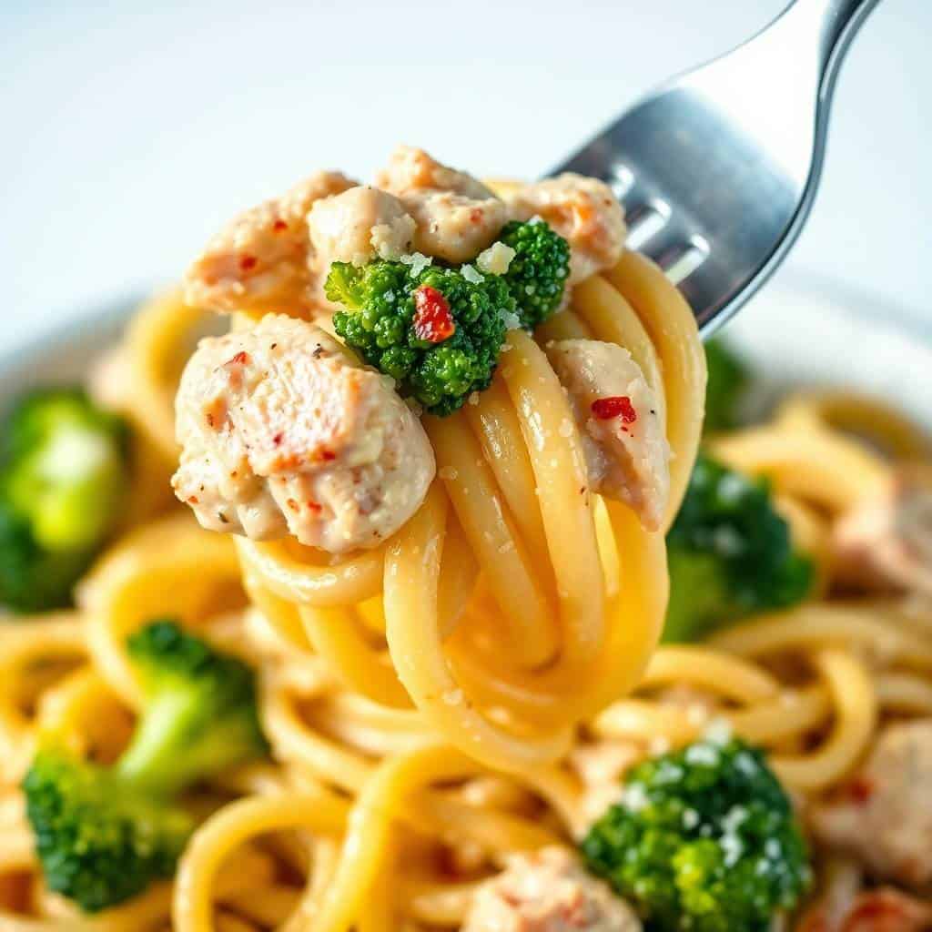 Fork lifting chicken and broccoli pasta with red pepper flakes and sesame seeds garnish.