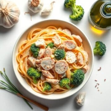 Chicken and broccoli pasta in a creamy sauce served in a white bowl.