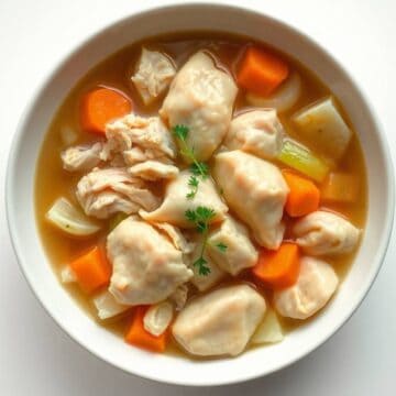 Delicious chicken and vegetable dumplings in savory broth.