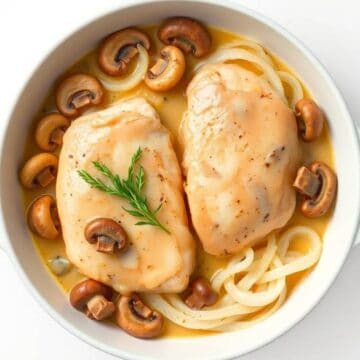 Delicious chicken Riesling served with creamy sauce, mushrooms, and pasta, perfect for a comforting.