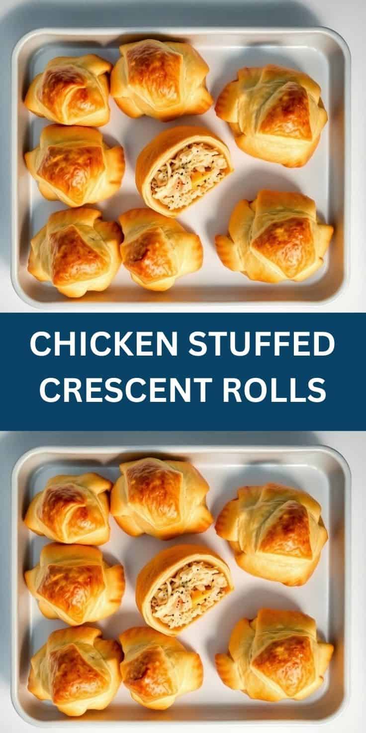 Golden-brown chicken stuffed crescent rolls on parchment-lined baking sheet, one cut open revealing filling.