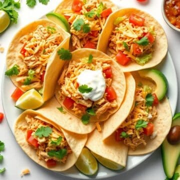 Tasty chicken tacos with shredded chicken, tomatoes, cheese, and cilantro on soft tortillas.