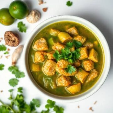 Delicious chili verde chicken soup with fresh cilantro and zucchini.