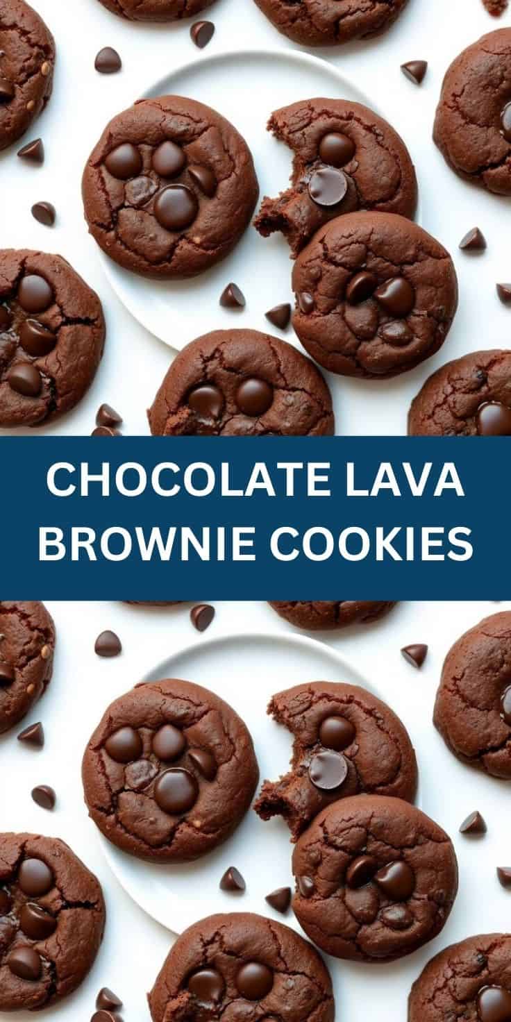 Chocolate lava brownie cookies with melted chocolate centers and chips arranged on white surface.