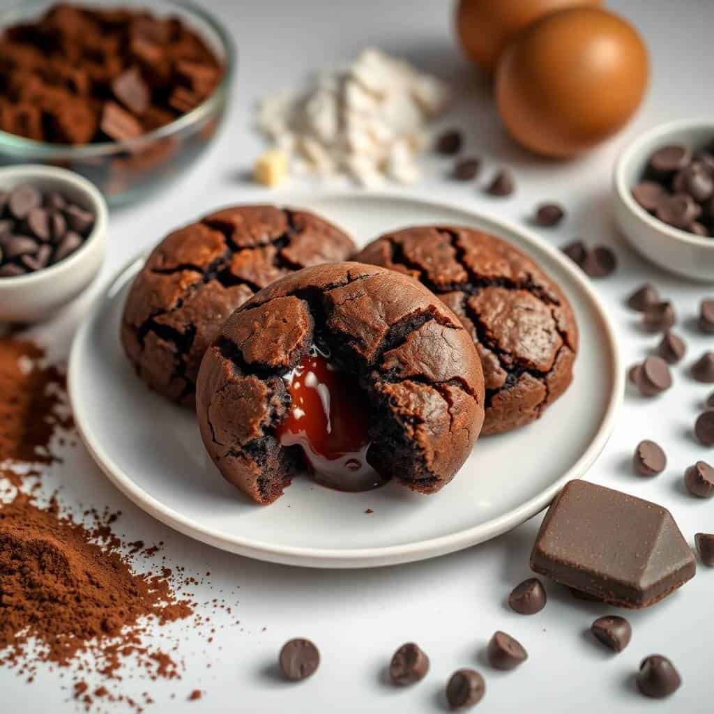 Chocolate lava brownie cookies with melted centers on white plate, surrounded by cocoa powder and ingredients.