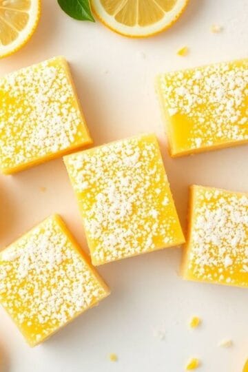 Delicious classic lemon bars with powdered sugar topping, perfect for dessert.