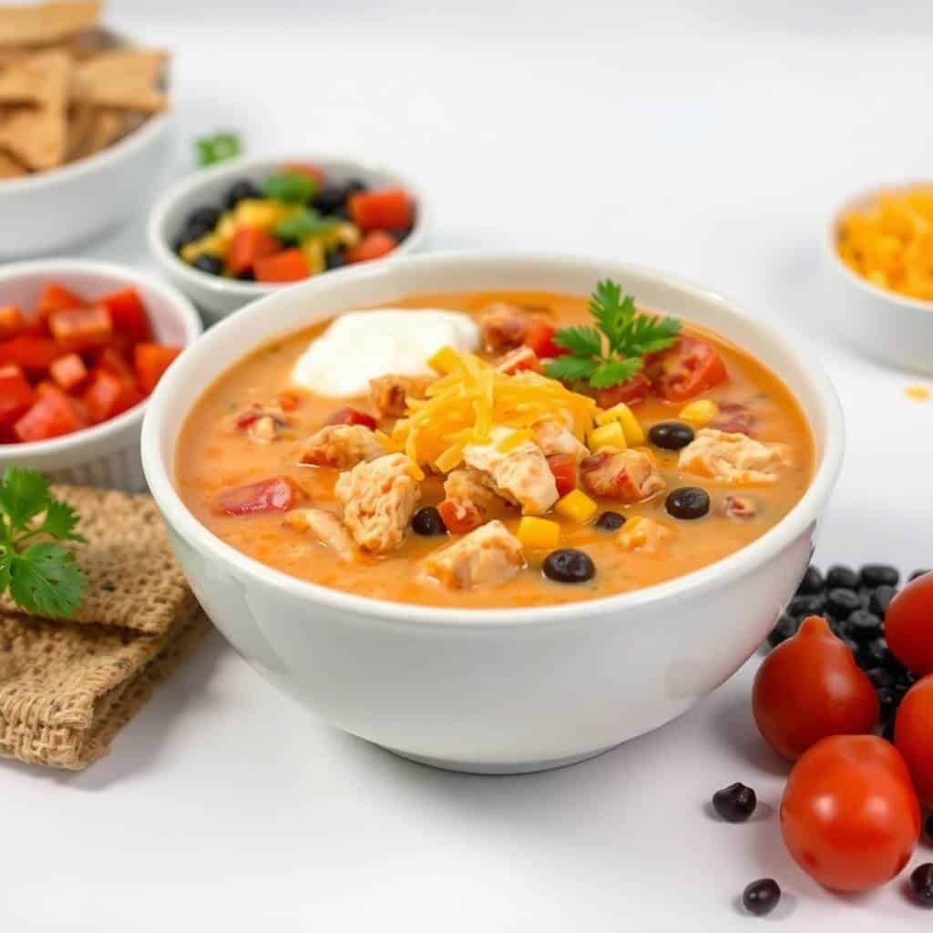 Enchilada soup with chicken, cheese, and vegetables in a white bowl.