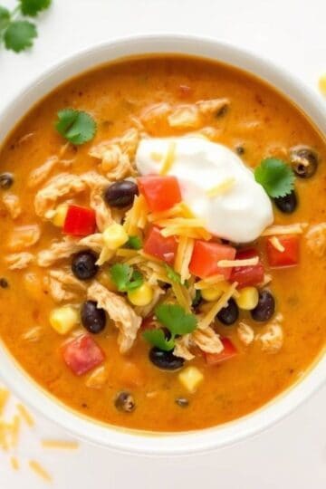Enchilada soup with chicken, cheese, black beans, and fresh toppings in a white bowl.