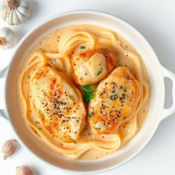 Creamy garlic parmesan chicken with pasta in a rich sauce.