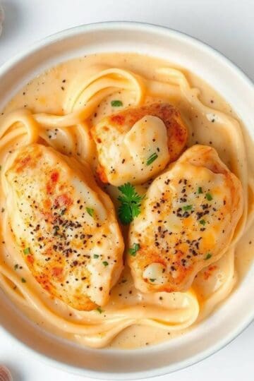 Creamy garlic parmesan chicken with pasta in a rich sauce.