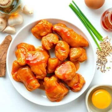 Crispy honey garlic chicken pieces on a white plate with ingredients around.