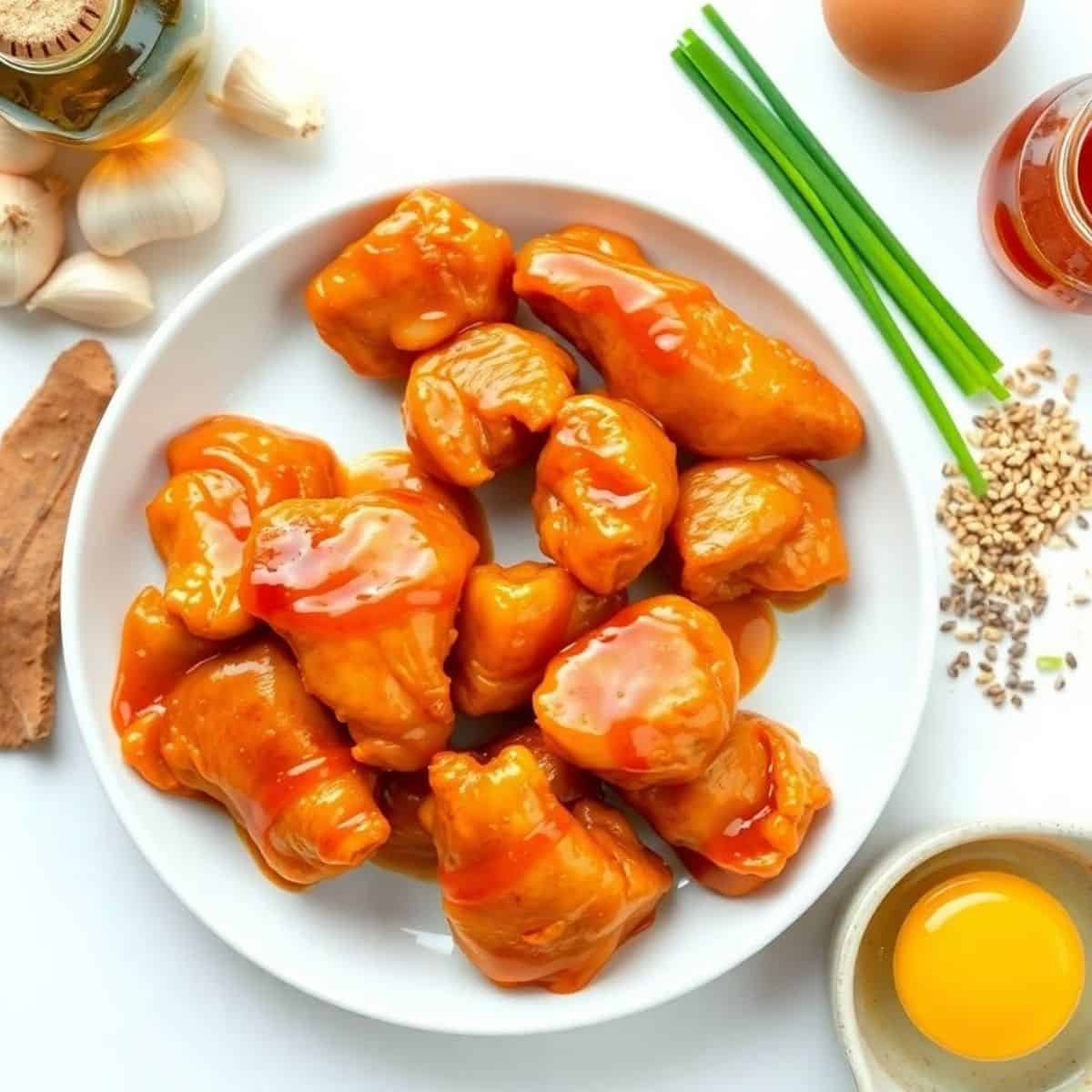 Crispy honey garlic chicken pieces on a white plate with ingredients around.